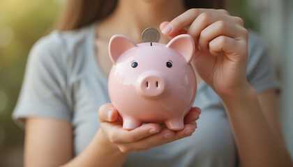 A woman carefully places a coin into a pink piggy bank, symbolizing savings and financial planning.