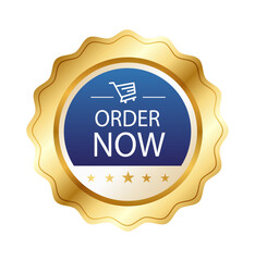 Golden Order Now Badge: A gold badge with a blue center featuring the words ORDER NOW along with a shopping cart icon, symbolizing a call to action for immediate purchase and engagement.