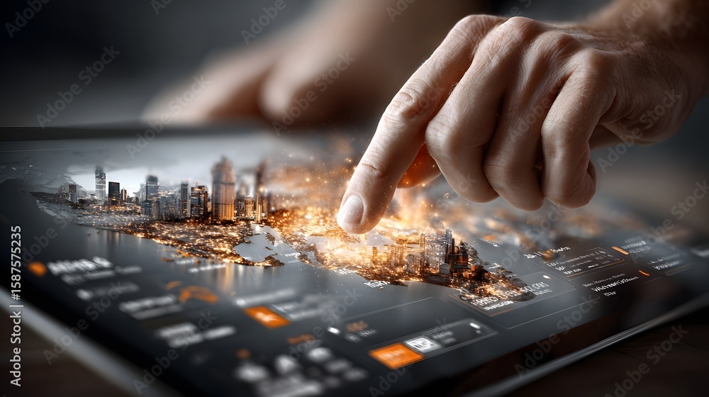 Poster futuristic digital cityscape with a high tech touch interface showcasing the of advanced technology 