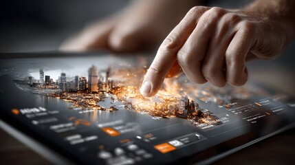 Futuristic digital cityscape with a high tech touch interface showcasing the of advanced technology in urban planning and infrastructure