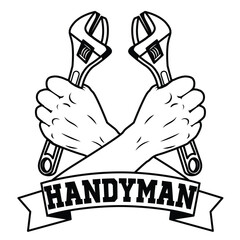 Crossed hand holding wrenches vector illustration. Wrench vector for logo, label, emblem, sign, badge.	
