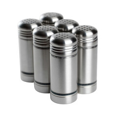 Six sleek stainless steel salt shakers arranged closely, showcasing their shiny surface and perforated tops on a white isolated background.