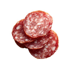 Sliced salami stacked on top of each other, isolated on a white background for clean presentation.