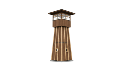 Wooden Observation Tower Tall Brown Structure with Windows and Open Viewing Platform