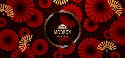 Exquisite dark red card with Chinese fan and isolated figured frame.