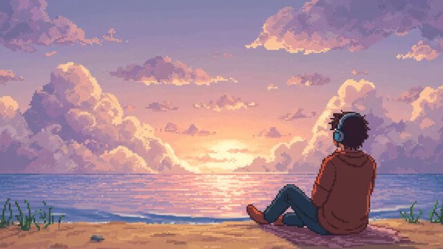 pixel art style character using headphone relaxing  on beach landscape in sunset view and clouds