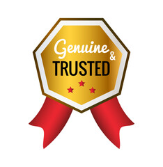 Symbol of Trust: A golden badge proclaiming Genuine & Trusted with a red ribbon, a symbol of authenticity and reliability, ideal for representing quality and trustworthiness.