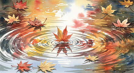 Watercolor Painting of Autumn Leaves Floating on Rippled Water Surface.