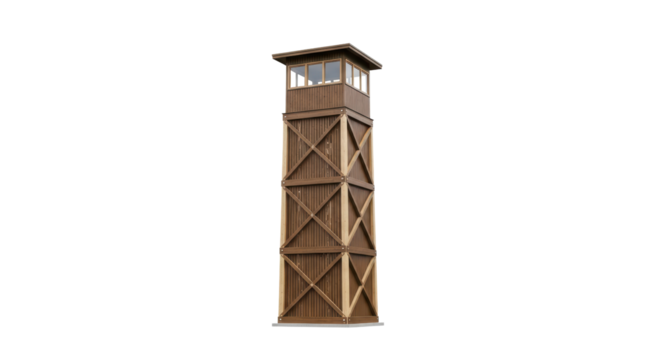 Wooden Watchtower Structure with Cross Bracing and Observation Deck on Transparent Background
