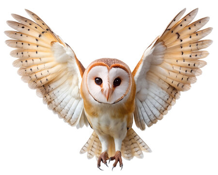 Barn owl with wings spread wide in flight isolated on transparent background