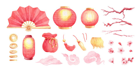 an, lanterns, tassels, coins, coin bag, branches, plum blossoms, clouds on white background. Hand drawn watercolor illustrations for Chinese Lunar new year celebration for greeting card, poster
