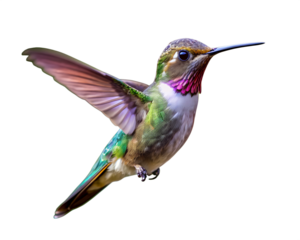 Close up of a vibrant hummingbird with iridescent green feathers and a pink gorget isolated on transparent background
