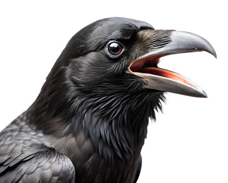 Close up of a black raven with its beak open isolated on transparent background - Powered by Adobe