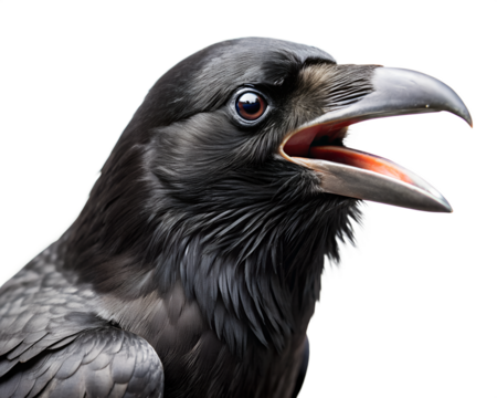 Close up of a black raven with its beak open isolated on transparent background