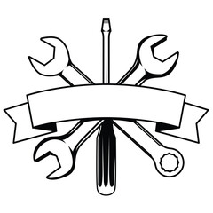 Mechanical repair tools with banner. Design for logo, label, emblem, sign, badge.	
