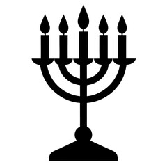 Fototapeta premium Elegant silhouette of a menorah with a lit shamash candle isolated on white background