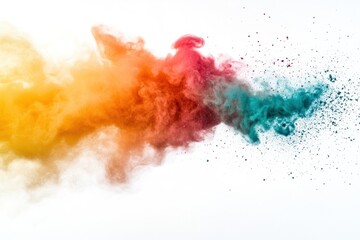 High-speed photography of colored dust exploding, floating particles on white