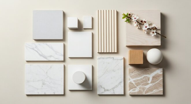 Overhead view of a neutral-toned interior design mood board featuring marble, wood, and solid color samples, accented with a sprig of flowering blossoms.