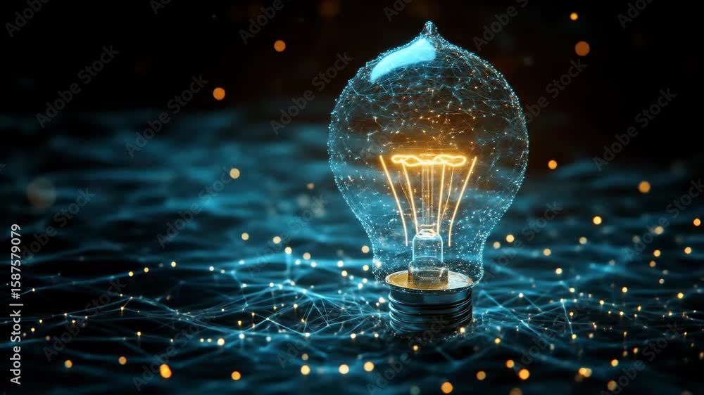 Poster a glowing lightbulb, digitally rendered, with a network of lines and points