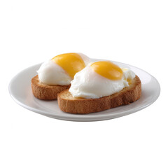 Fototapeta premium Two poached eggs served on slices of toasted bread, beautifully arranged on a white plate, ideal for a healthy breakfast or brunch.