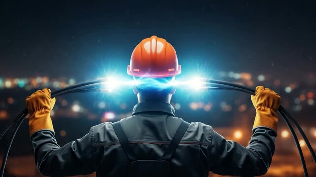 An electrician holds sparking cables against a city backdrop
