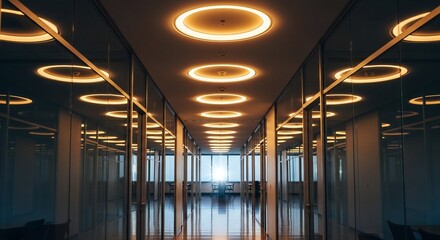 Interior view of a modern office hallway with circular ceiling lights and glass walls, leading to a bright window.