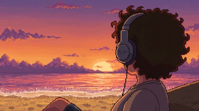 pixel art style character using headphone relaxing  on beach landscape in sunset view and clouds