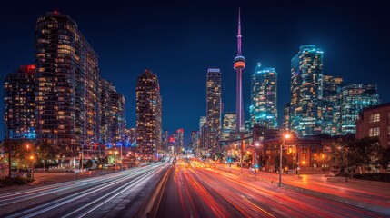 Advertisement of Beautiful Toronto Skyline Night View with Modern Buildings and Urban Architecture