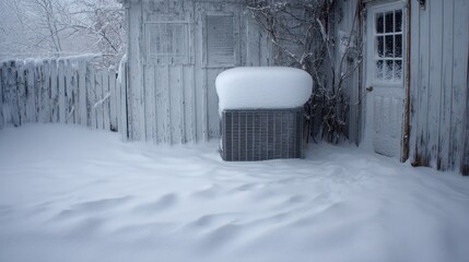 Air Conditioner Snow. The Irony of a Snow-Covered Cooling Unit in a Residential Setting