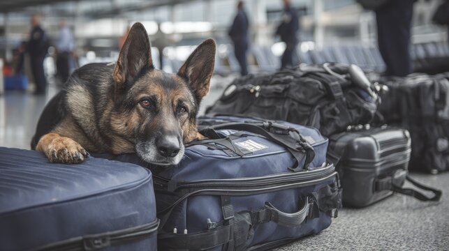 Airport Police. Caucasian Police Officer with K9 Dog Conducting Luggage Patrol at Aerodrome