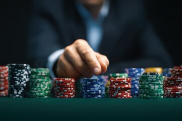 Naklejka premium All In Poker: A Colorful Casino Scene with Asian Businessman Going All In with Chips