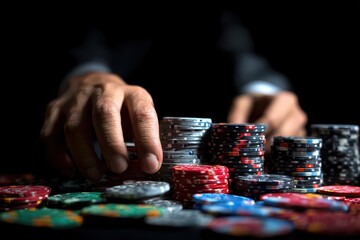 All In Poker: Asian Businessman Pushing All Chips into Casino Bet