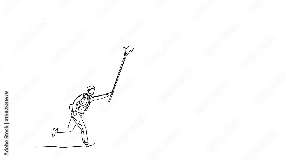 Poster animated self drawing of single one line drawing active businessman runs to chasing kite using stick