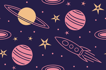 Planets and Rocketship in Space Pattern stars galaxy
