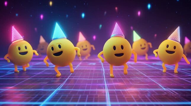 Minimal 2D animation of emoji party &mdash; dancing emojis wearing party hats on disco-lit floor