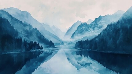 Aerial view of a lake surrounded by mountains in watercolor style