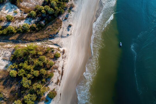 Arial View Trees. Aerial Shot of Sandy Beach with Green Trees and Blue Ocean in North Carolina - Powered by Adobe