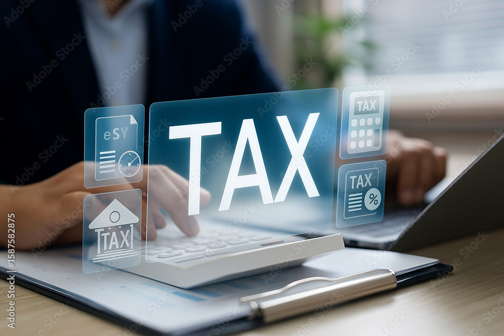 Poster digital tax interface on screen with businessperson using online calculator and documents
