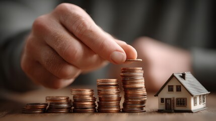 Hands carefully arranging stacks of coins and a small model house representing the process of financial planning wealth management and real estate investment