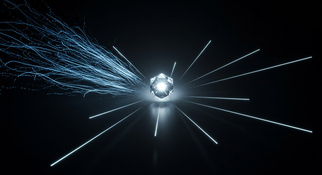 A luminous diamond shines against a dark backdrop, radiating light trails. A symbol of luxury and innovation, perfect for modern design and marketing concepts. Abstract and captivating.