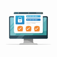 Flat vector illustration of a computer screen showing a secure login form, padlock icon, two-factor authentication message, digital protection concept
