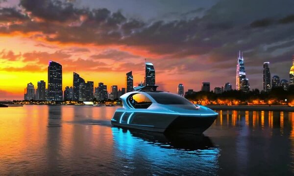 A futuristic boat on a body of water during sunset. The skyline of a city with tall buildings is visible in the background.