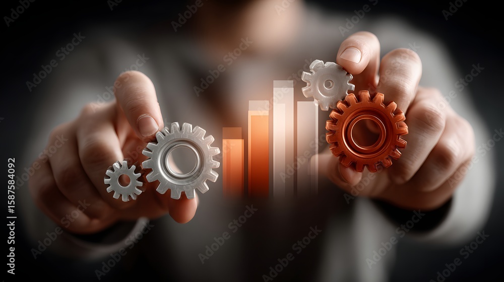 Poster close up view of human hands interacting with various mechanical components and gears representing t