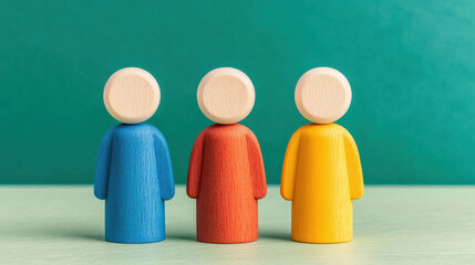 Wooden human figure in blue, red, and yellow colors standing in row on green background, symbolizing diversity and unity
