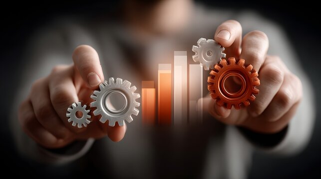 Close up view of human hands interacting with various mechanical components and gears representing the ideas of technological advancements engineering problem solving and industrial progress