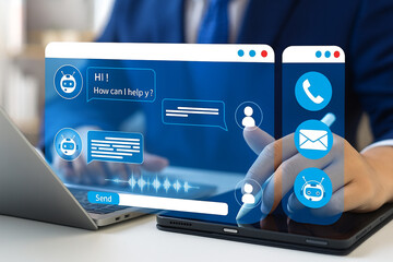Digital communication with chatbot interface on screen for customer service and support