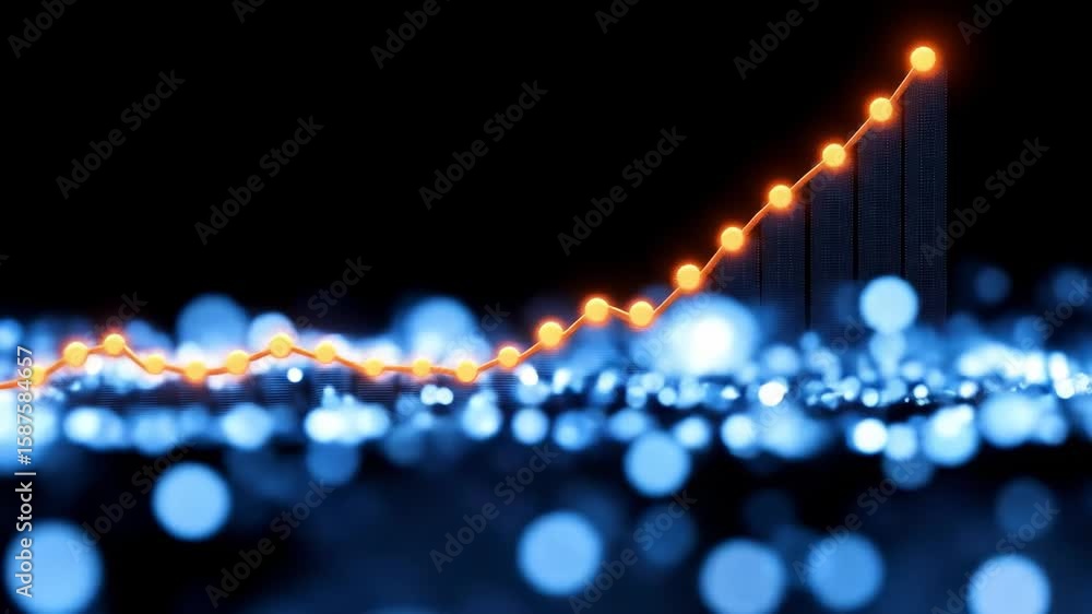 Poster abstract chart displaying upward trend, with glowing orange data points connected by a line, over a 