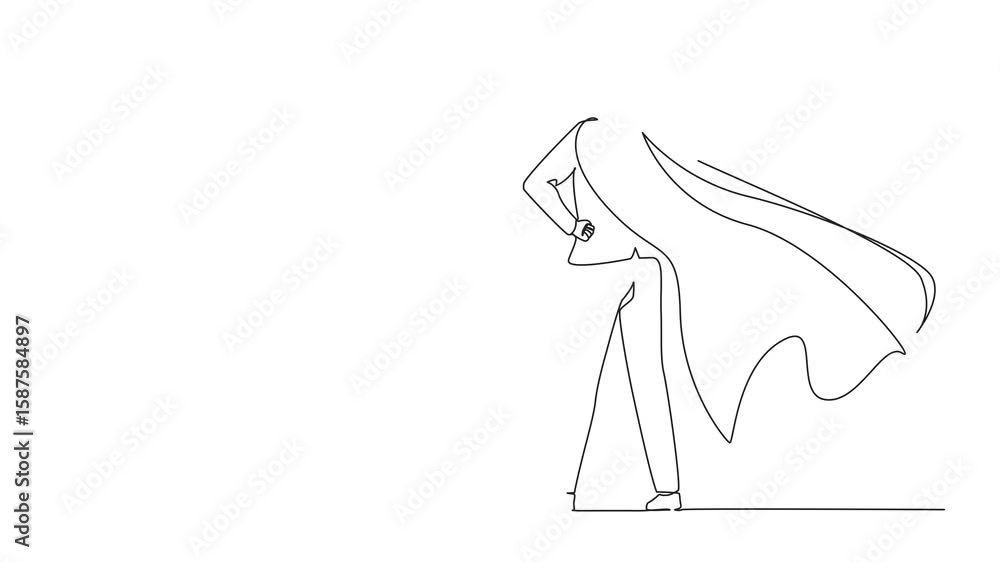 Poster self drawing animation of continuous one line drawing back view confident businessman standing in su