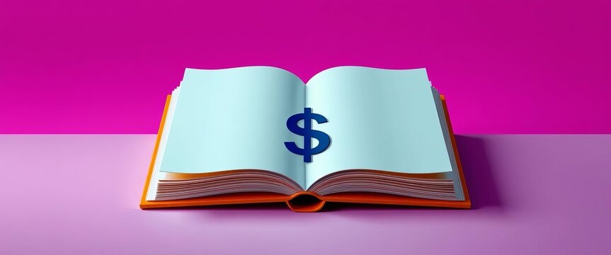 Simple icon of an open accounting ledger with a dollar sign in the center, statement, graph