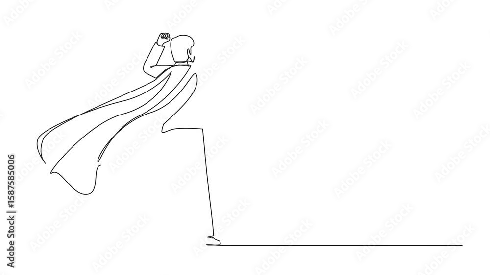 Poster self drawing animation of single continuous line drawing back view super businessman. man in strong 